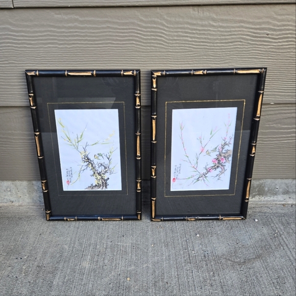 catandtheviola Other - Two Original Art Paintings Asian Birds on Branches Vintage Bamboo Frame Upcycled